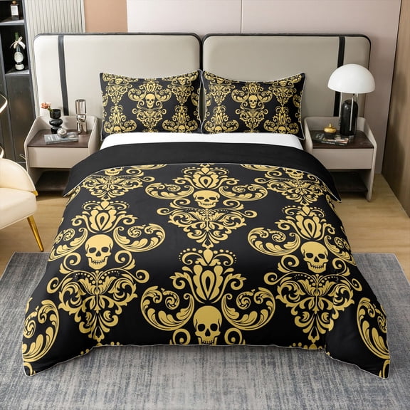 Erosebridal Skeleton Damask 100% Cotton Comforter Cover Queen, Black Yellow Bedding Queen Size, Vintage Boho Flower Decor, Reversible（No Comforter）