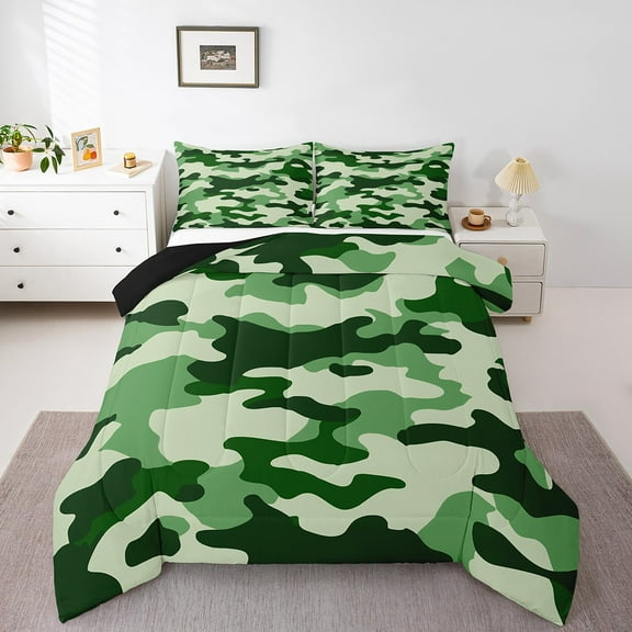 Erosebridal Abstract Camo Comforter Sets Queen Size,Green Black Bedding Queen Comforter Set,Lightweight Reversible Bedding Sets Queen with Comforter,Military Theme Room Decorative,3 Pieces
