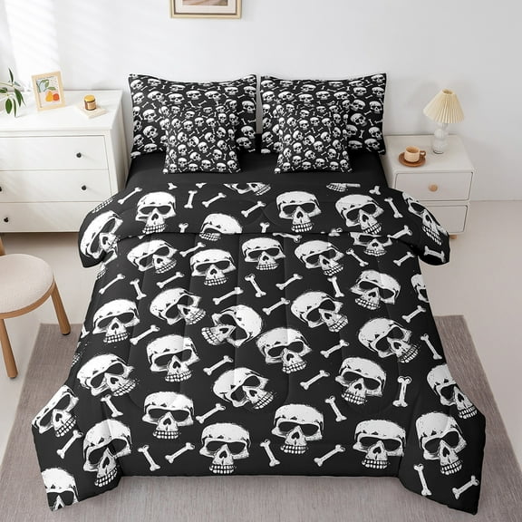 Erosebridal Skeleton Print Bedding Twin Size, Black White Bed Set, Gothic Style Reversible Bed in a Bag Twin size, Super Cozy Room Decor, 7 Pieces