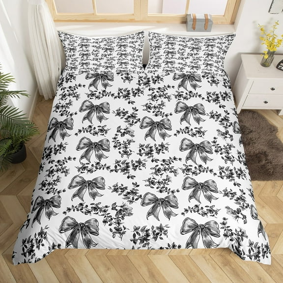 Erosebridal Sketch Bowknot Comforter Cover Queen,Tropiacl Botanical Flower Bedding Queen Size,Chic Bow Tie Duvet Cover Queen,Ultra Soft Bedroom Decoration Reversible,3pcs(No Comforter)