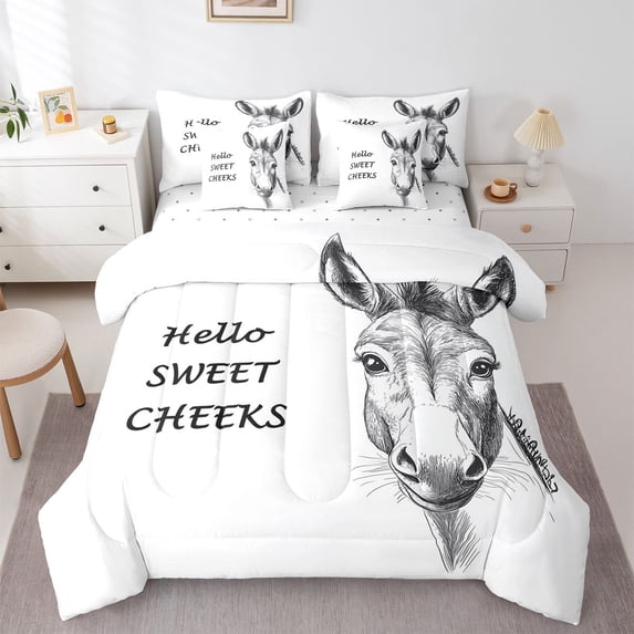 Erosebridal Sketch Donkey "Hello Sweet Cheeks" Print Bedding Comforter Set, Funny Farm King Bedding Sets for Kids Boys and Girls, Reversible 7 Pieces