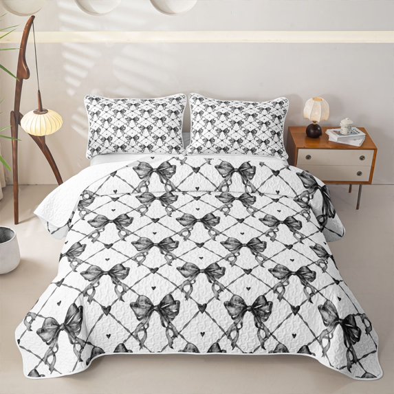 Erosebridal Sketch Lattice Bow Quilt King for Women Girls, Black Heart Diamond Ribbon King Coverlet Set, 3-Piece