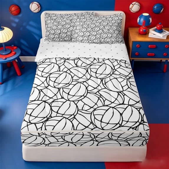 Erosebridal Sketch Volleyball Zipper Full Size Comforter Sets with Fitted Sheet and 2 Pillowcases,Line Sport Ball Zipper Bedding Set For Boys,Reversible,4pcs