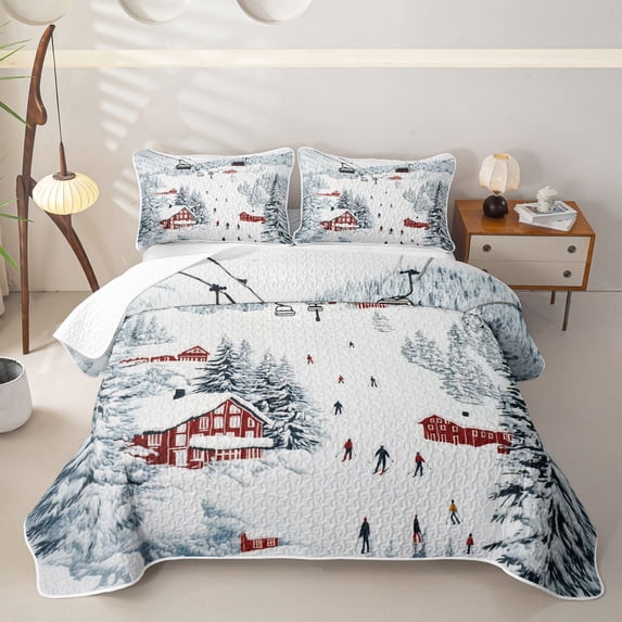 Erosebridal Ski Cabin Winter Twin Quilt Set for Girls Boys, Pine Mountain Snow Landscape Twin Coverlet Set, 2 Pieces