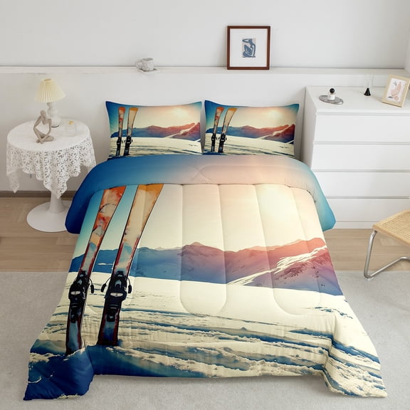 Erosebridal Skiing Sports Bedding Sets Queen with Comforter, Nature Scenery Duvet Insert, Snow Mountain Decor, Breathable 3 Pieces