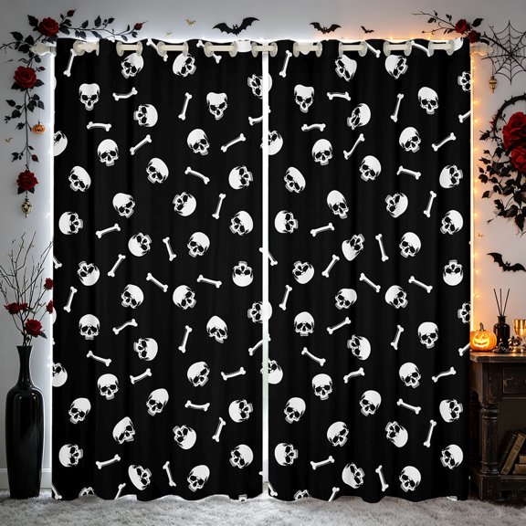 Erosebridal Skull Bone Blackout Curtains, Gothic Halloween Window Curtains Pack of 2 (38x45 Each), Black White
