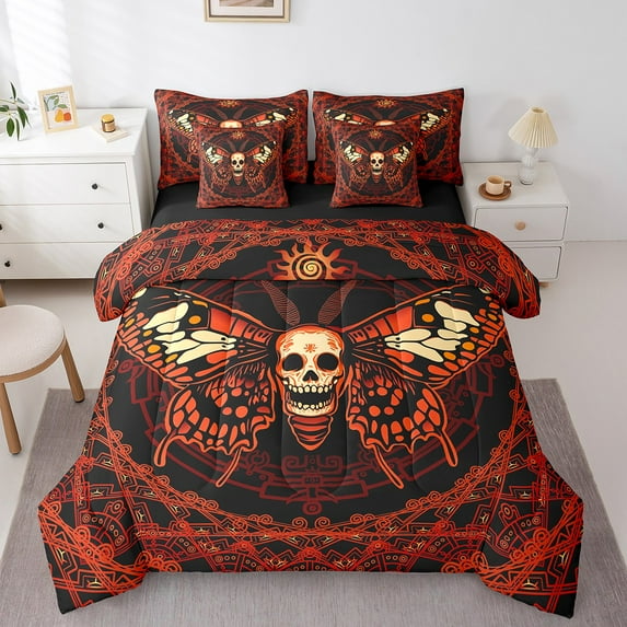 Erosebridal Skull Moth Bedding Sets Twin Size,Gothic Style Comforter Sets with Sheets,Happy Halloween Bed in a Bag Twin size,Super Cozy Exotic Room Decor,Reversible,7pcs