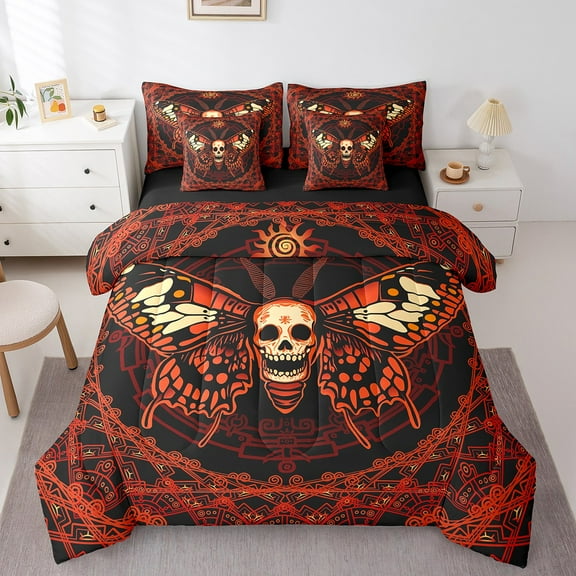 Erosebridal Skull Moth Bedding Sets Twin Size,Gothic Style Comforter Sets with Sheets,Happy Halloween Bed in a Bag Twin size,Super Cozy Exotic Room Decor,Reversible,7pcs