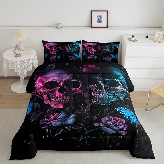 Erosebridal Skull Rose Bedding Full Comforter Set, Gothic Skeleton Down Comforter, Butterfly Reversible Comforters & Duvets, Lightweight Room Decoration, 3-Piece