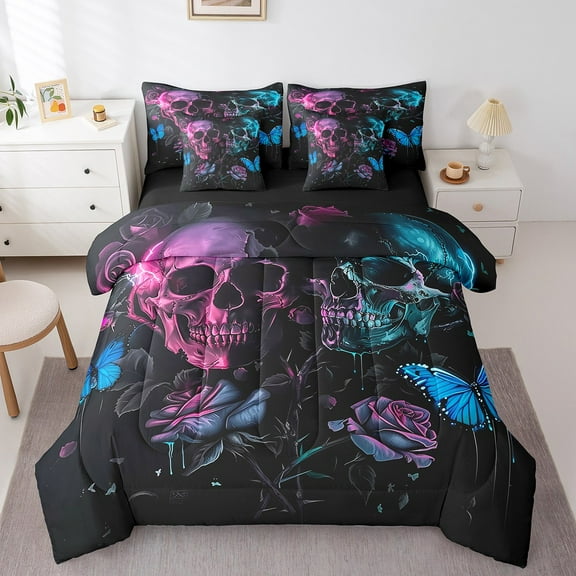 Erosebridal Skull Rose Bedding Twin Size, Gothic Skeleton Bedding Sets Twin Size, Butterfly Reversible Bed Set, Lightweight Room Decoration, 7-Piece