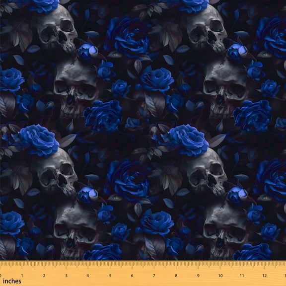Erosebridal Skull Rose Fabric by the Yard 1 Yard for Boys Girls, Black Navy Gothic Leaf Home Decor Fabric by the Yard