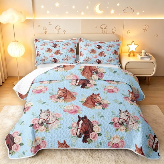 Erosebridal Sky Blue Horses Bed Spread Queen,Rose Leaves Queen Coverlet ...