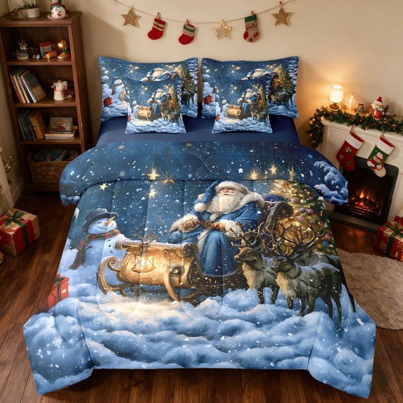 Manfei Sleigh Twin Bedding 7pcs Christmas Bedding Comforter Set, Black Green, Navy Reversible