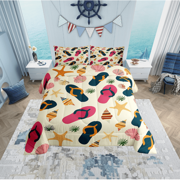 Erosebridal Slippers Print Bedding Twin Comforter Set, Flip Flops Down Comforter, Cute Starfish Reversible Comforters & Duvets, Lightweight Bedroom Decor, 2 Pieces