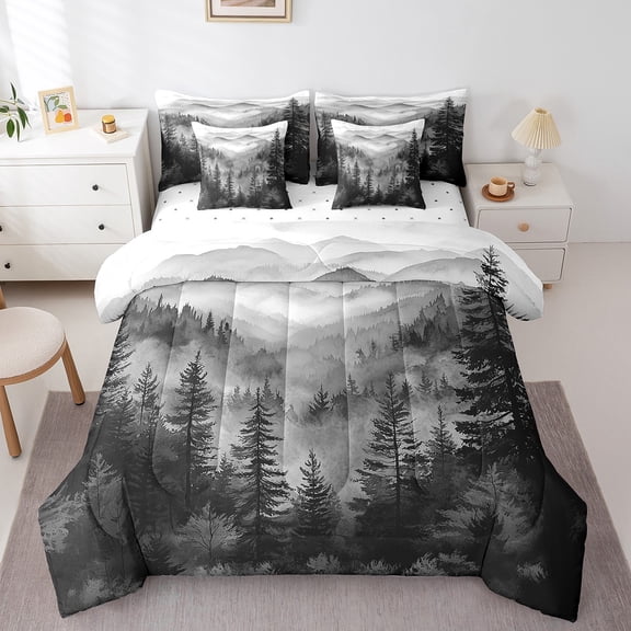 Erosebridal Smoky Jungle Bed in a Bag Full size,Black Grey Bed Set,Tree Woodland Bedding Full Size,Microfiber Botanical Room Decoration,7-Piece