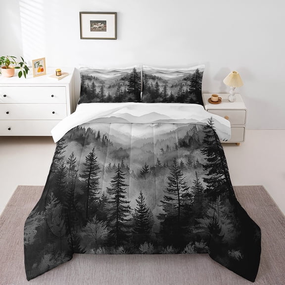 Erosebridal Smoky Jungle Bedding Twin Comforter Set,Black Grey Down Comforter,Tree Woodland Bedding Sets Twin with Comforter,Microfiber Botanical Room Decoration,3pcs