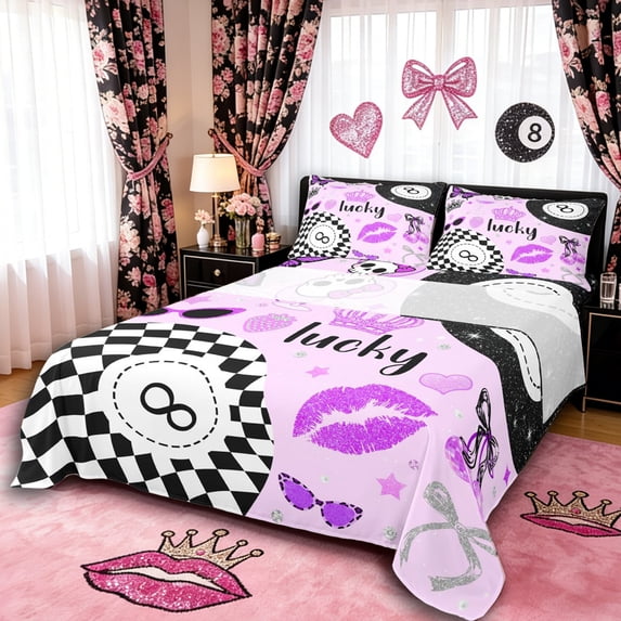 Erosebridal Snooker Billiards Full Size Sheets 4-Piece for Boys Girls,Kids Teens Sport Theme Glitter Print Bed Sheets,Microfiber Bedroom Decor