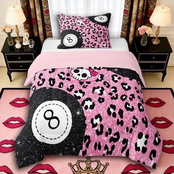 Erosebridal Snooker Billiards Twin Comforter Sets 3-Piece for Boys Girls,Kids Teens Leopard Print Bling Glitter Print Bedding Set,Pink Reversible,Luxury Bedroom Decor