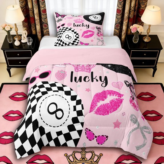 Erosebridal Snooker Billiards Twin Comforter Sets 3-Piece for Boys Girls,Kids Teens Sport Theme Glitter Print Bedding Set,Pink Reversible,Luxury Bedroom Decor