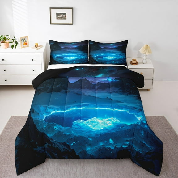 Erosebridal Snow Mountain Bedding Queen Comforter Set, Neon Blue Lake Down Comforter,Arctic Aurora Bedding Sets Queen with Comforter For Women Teens, Super Cozy Bedroom Decor Reversibleļ¼3 Pieces