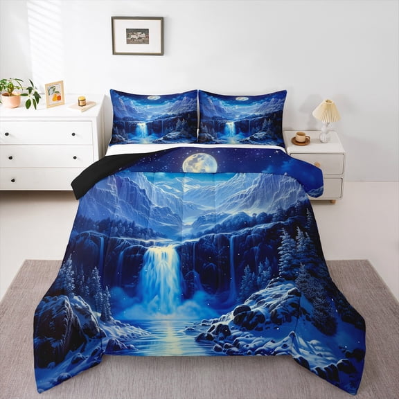 Erosebridal Snow Mountain Waterfall Bedding King Comforter Set,Moon Lake Nature Down Comforter,Neon Blue Purple Bedding Sets King with Comforter, Microfiber Gray Room Decor Reversibleļ¼3 Pieces
