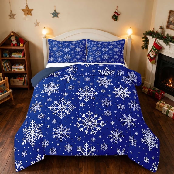 Manfei Snowflake Full Size Comforter Sets Snow Bedding Comforter Set, Red Green 3-Pieces 1 Comforter and 2 Pillowcases, Navy Reversible