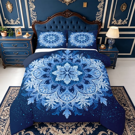 Erosebridal Snowflake Mandala Full Size Comforter Sets,Deep Blue Crystal Bedding Comforter Set,3 Pieces,1 Comforter and 2 Pillowcases,Navy Blue Reversible