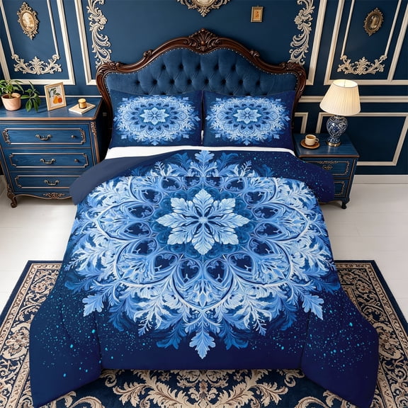 Erosebridal Snowflake Mandala Queen Comforter Set,Deep Blue Crystal Comforter Sets Queen,3pcs,1 Comforter and 2 Pillowcases,Navy Blue Reversible