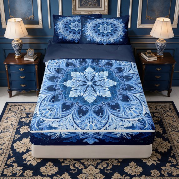 Erosebridal Snowflake Mandala Zipper Twin Comforter Sets with Fitted Sheet and 2 Pillowcases,Deep Blue Crystal Zipper Bedding Set,Navy Blue Reversible,4-Piece