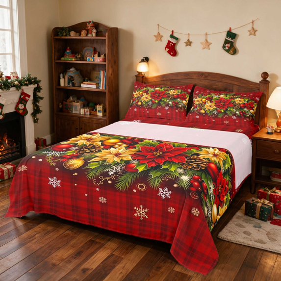 Manfei Snowman Bed Sheets Snow Full Size Sheets, Black Red 4 Pieces (1 Flat Sheet, 1 Fitted Sheet and 2 Pillowcases)