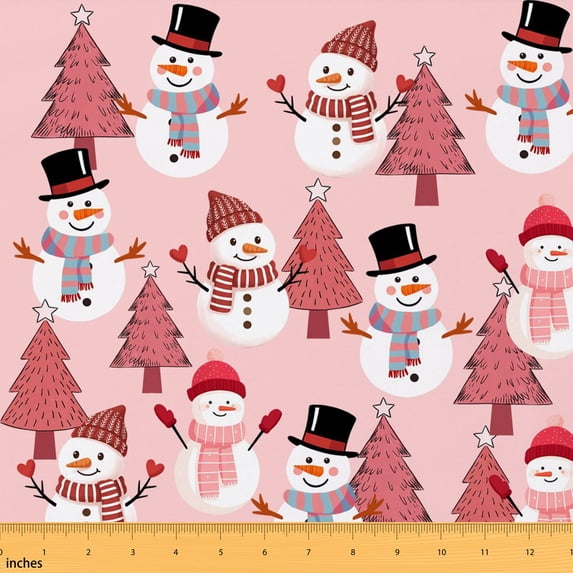 Erosebridal Snowman Fabric by the Yard 1 Yard, Pink Christmas Tree Home Decor Fabric by the Yard