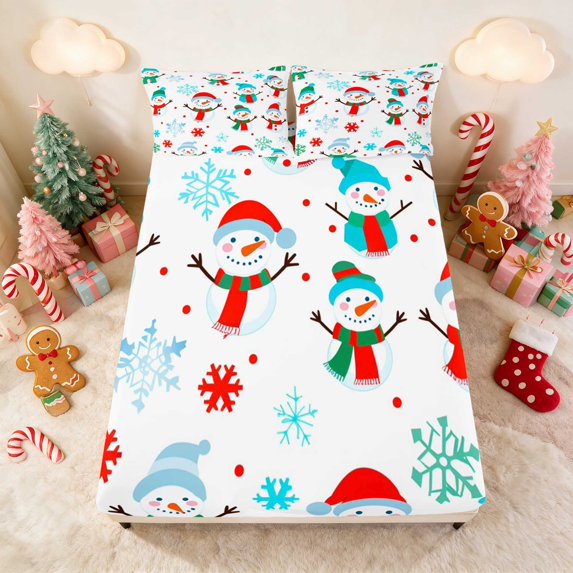 Manfei Snowman Fitted Sheet Snow Queen Bedding, Coral White 3-Piece 1 Fitted Sheet and 2 Pillowcases