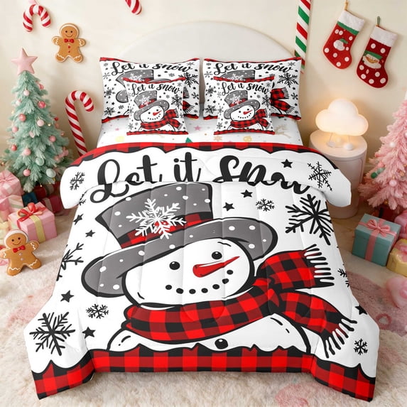 Manfei Snowman Full Size Bedding Sets 7-Piece Snow Full Size Bed in a Bag, Green Gold, Xmas Reversible