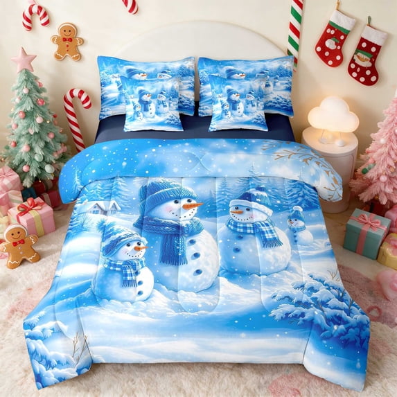 Manfei Snowman Full Size Bedding Sets 7-Piece Snow Full Size Bed in a Bag, Olive Cream, Navy Reversible