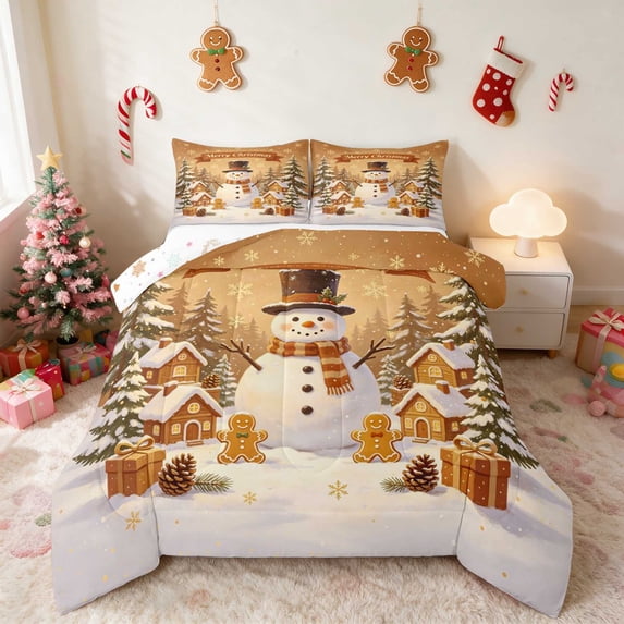 Manfei Snowman Full Size Comforter Sets Snow Bedding Comforter Set, Yellow Green 3-Pieces 1 Comforter and 2 Pillowcases, Xmas Reversible