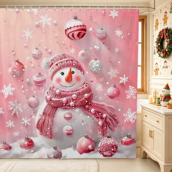 Erosebridal Snowman Pink Shower Curtain 72Wx78L,Dreamy Winter Bath Curtain,Pink