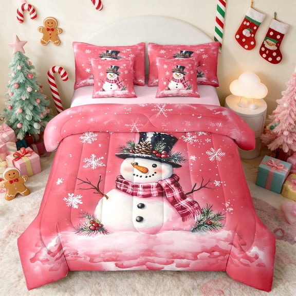 Manfei Snowman Twin Bedding 7pcs Snow Bedding Comforter Set, Blue Silver, Pink Reversible