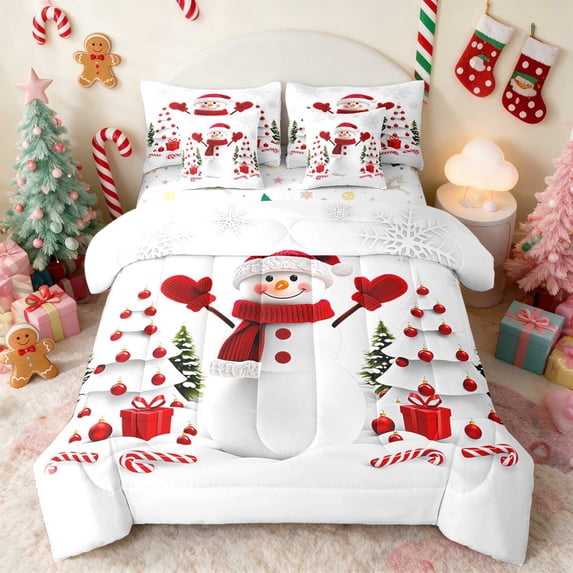 Manfei Snowman Twin Bedding 7pcs Snow Bedding Comforter Set, Gray Red, Xmas Reversible