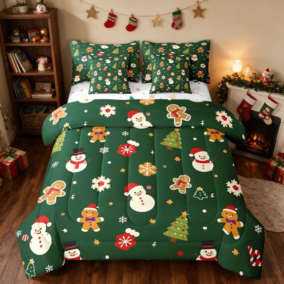 Manfei Snowman Twin Bedding 7pcs Snow Bedding Comforter Set, Mint Pink, Xmas Reversible