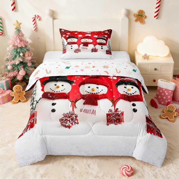 Manfei Snowman Twin Comforter Sets Snow Bedding Set, Maroon Cream 2 Pieces 1 Comforter and 1 Pillowcase, Xmas Reversible