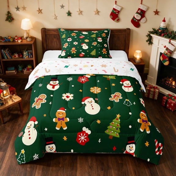 Manfei Snowman Twin Comforter Sets Snow Bedding Set, Mint Pink 2-Pieces 1 Comforter and 1 Pillowcase, Xmas Reversible