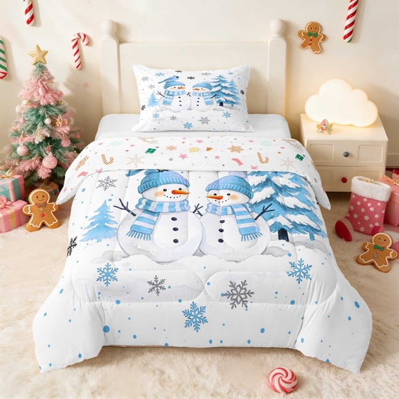 Manfei Snowman Twin Comforter Sets Snow Bedding Set, Orange Brown 2pcs 1 Comforter and 1 Pillowcase, Xmas Reversible