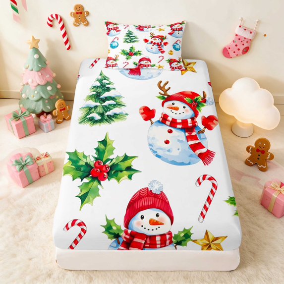 Manfei Snowman Twin Fitted Sheet Snow Bedding, Blue White 2-Piece 1 Fitted Sheet and 1 Pillowcase