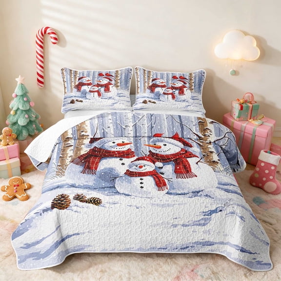 Manfei Snowman Twin Quilt Set Snow Twin Coverlet Set, Blue White 2 Pieces 1 Bedspread and 1 Pillowcase
