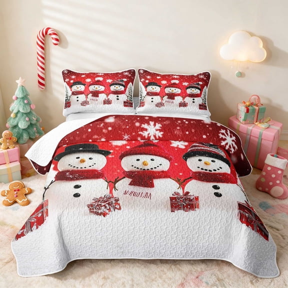 Manfei Snowman Twin Quilt Set Snow Twin Coverlet Set, Maroon Cream 2-Piece 1 Bedspread and 1 Pillowcase