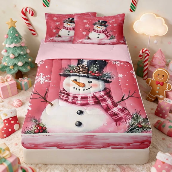 Erosebridal Snowman Zipper Twin Comforter Sets with Fitted Sheet and 2 Pillowcases Snow Zipper Bedding Set, Blue Silver, Pink Reversible