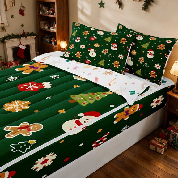 Manfei Snowman Zipper Twin Comforter Sets with Fitted Sheet and 2 Pillowcases Snow Zipper Bedding Set, Mint Pink, Xmas Reversible