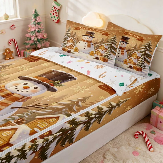 Manfei Snowman Zipper Twin Comforter Sets with Fitted Sheet and 2 Pillowcases Snow Zipper Bedding Set, Yellow Green, Xmas Reversible