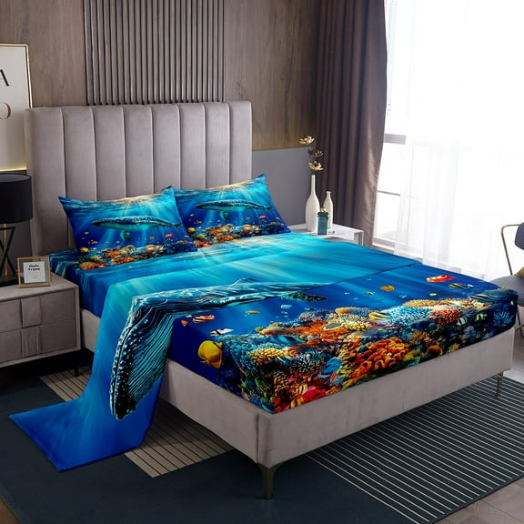 Erosebridal Ocean Whale Sheet Set Twin,Marine Sealife Bedding Sets Twin Size,Uderwater World Decor,Breathable,3pcs