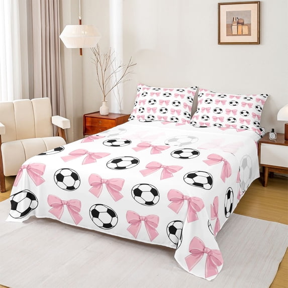 Erosebridal Soccer Ball Games Bed Sheets For Kids,Kawaii Bowknot Bows King Sheets For Kids Girls 4pcs